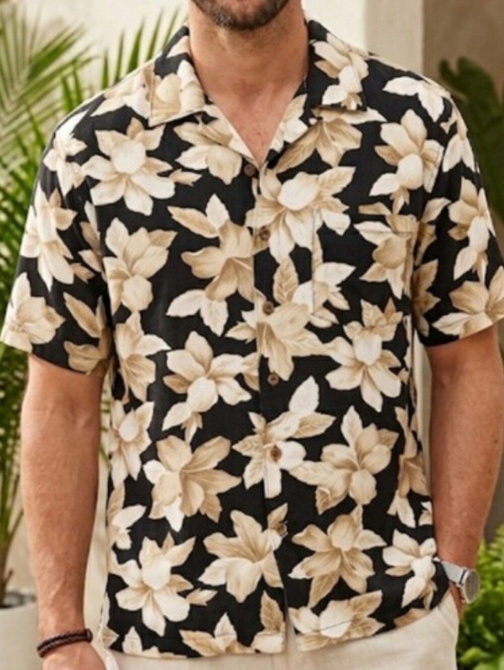 Men's Black Floral Short-Sleeve Button-Down Shirt - Beige Bloom Print